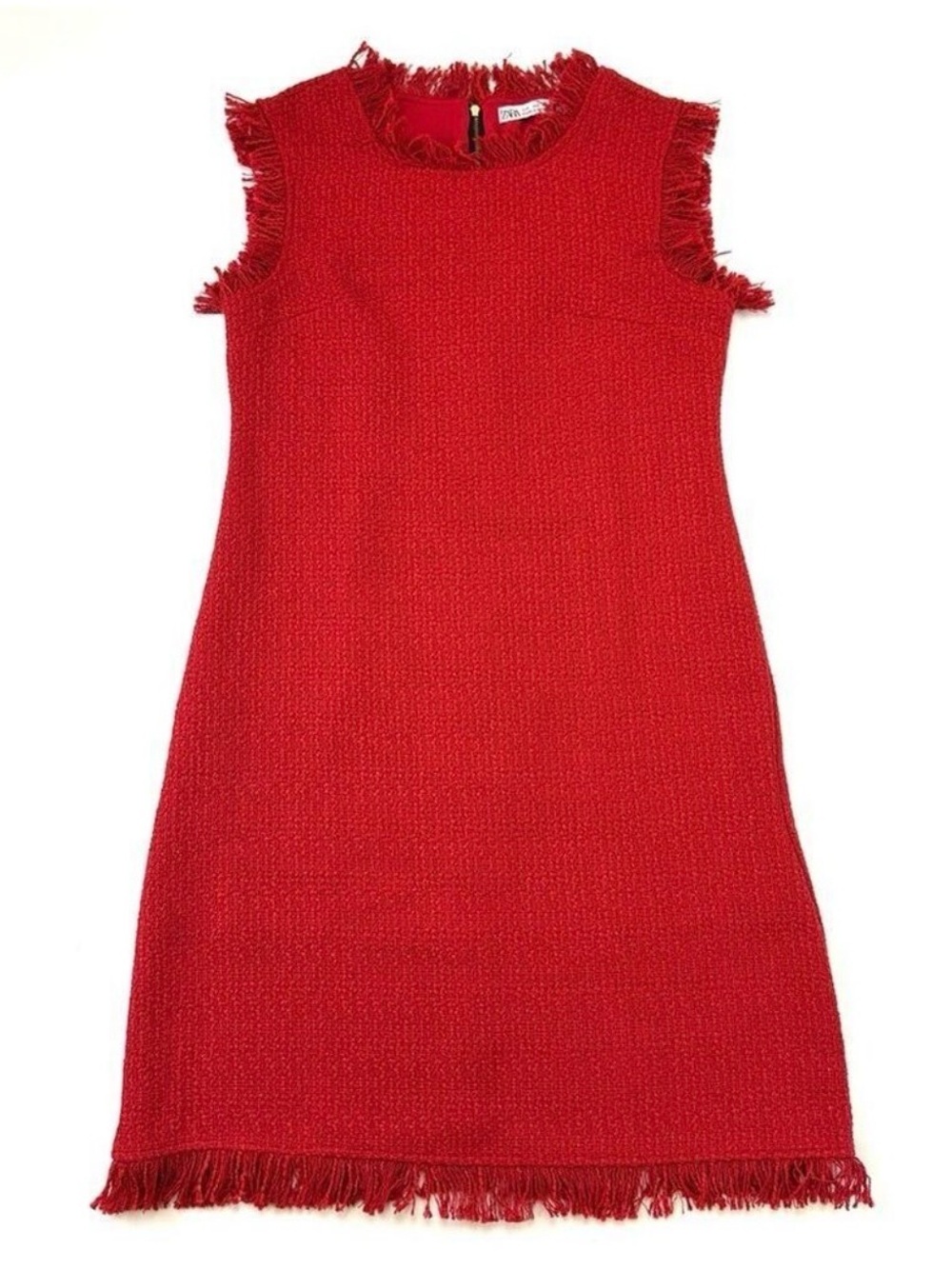 Zara red tweed dress Small Fringe trim Bamboo Old Money Workwear
